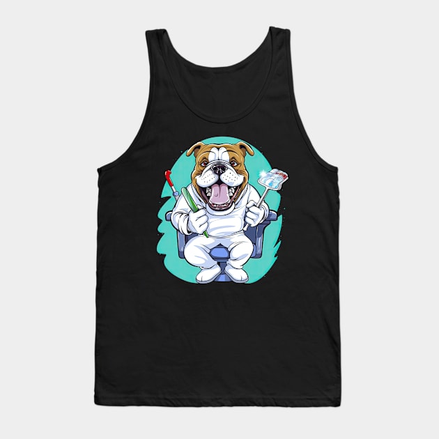 a Dentist English Bulldog wearing a white coat, holding a toothbrush in one paw and a dental mirror Tank Top by teestore_24